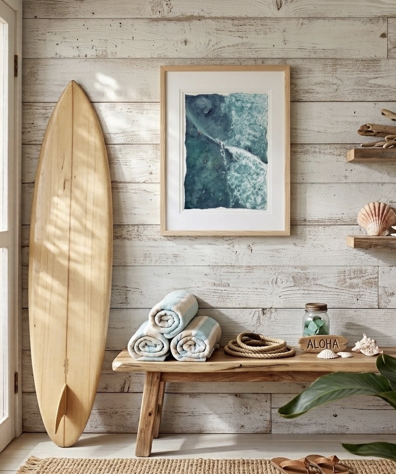 Framed aerial surf watercolor hung on a whitewashed plank wall above a bench and surfboard