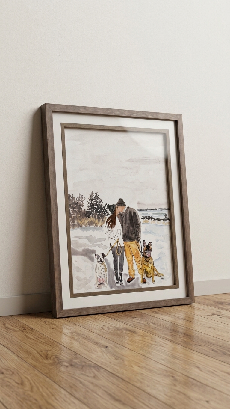 Framed watercolor portrait of a couple with their two dogs in a snowy landscape