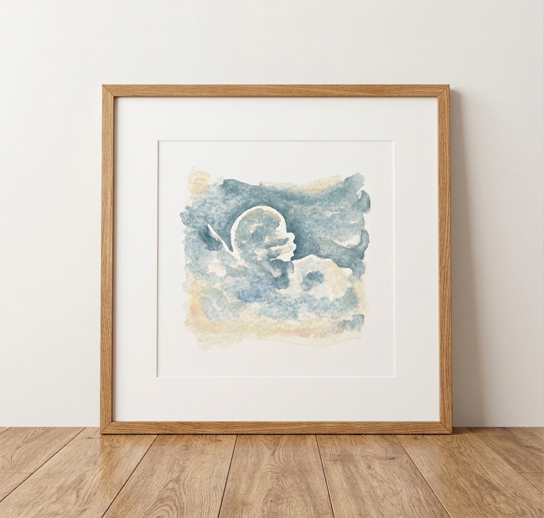 Framed soft blue watercolor capturing a quiet moment with a baby
