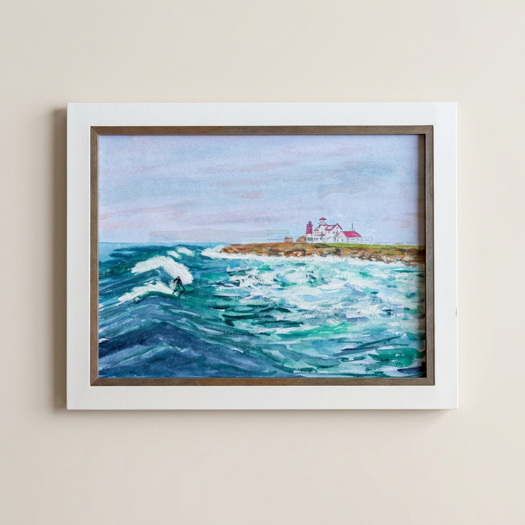 Framed watercolor of a surfer riding a wave with the Point Judith lighthouse in the distance