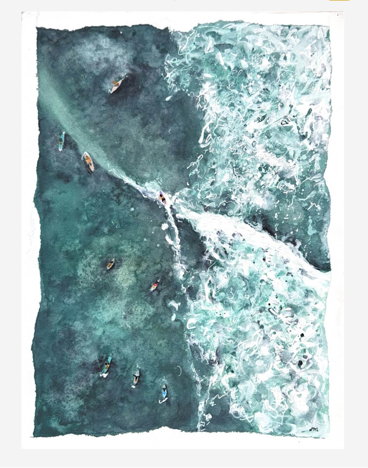 Aerial watercolor of surfers cutting across a foaming turquoise break