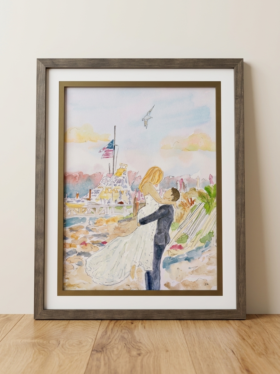 Framed watercolor of a newly married couple embracing by a seaside dock with an American flag