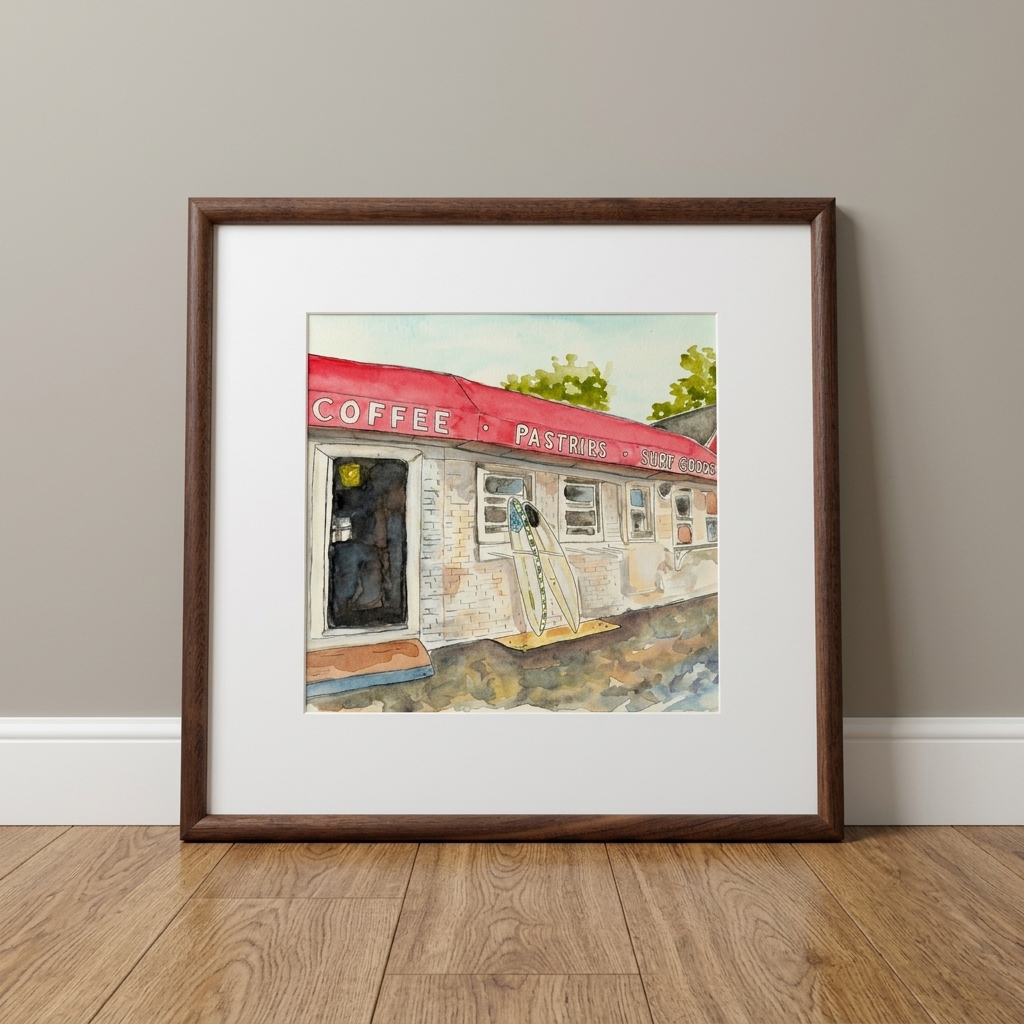 Framed watercolor of a beloved roadside coffee shop with surfboards outside