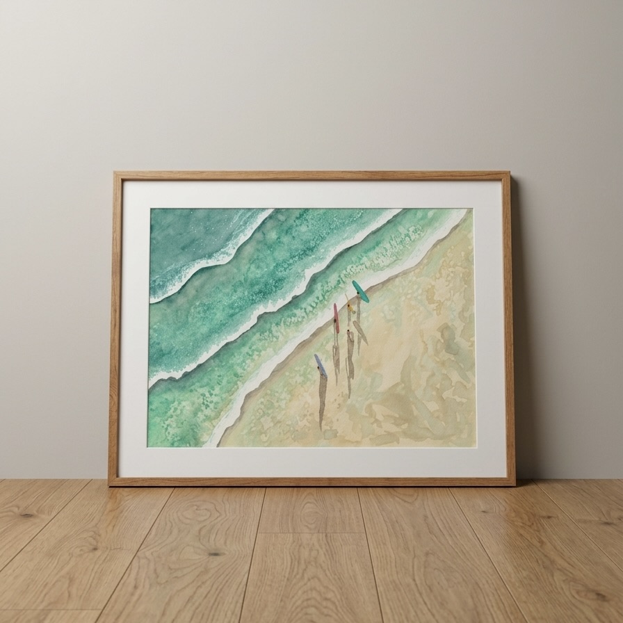 Framed aerial watercolor of surfers walking along the shoreline with their boards