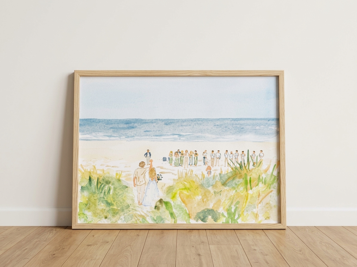 Framed watercolor of a wedding ceremony on the beach viewed from the dunes