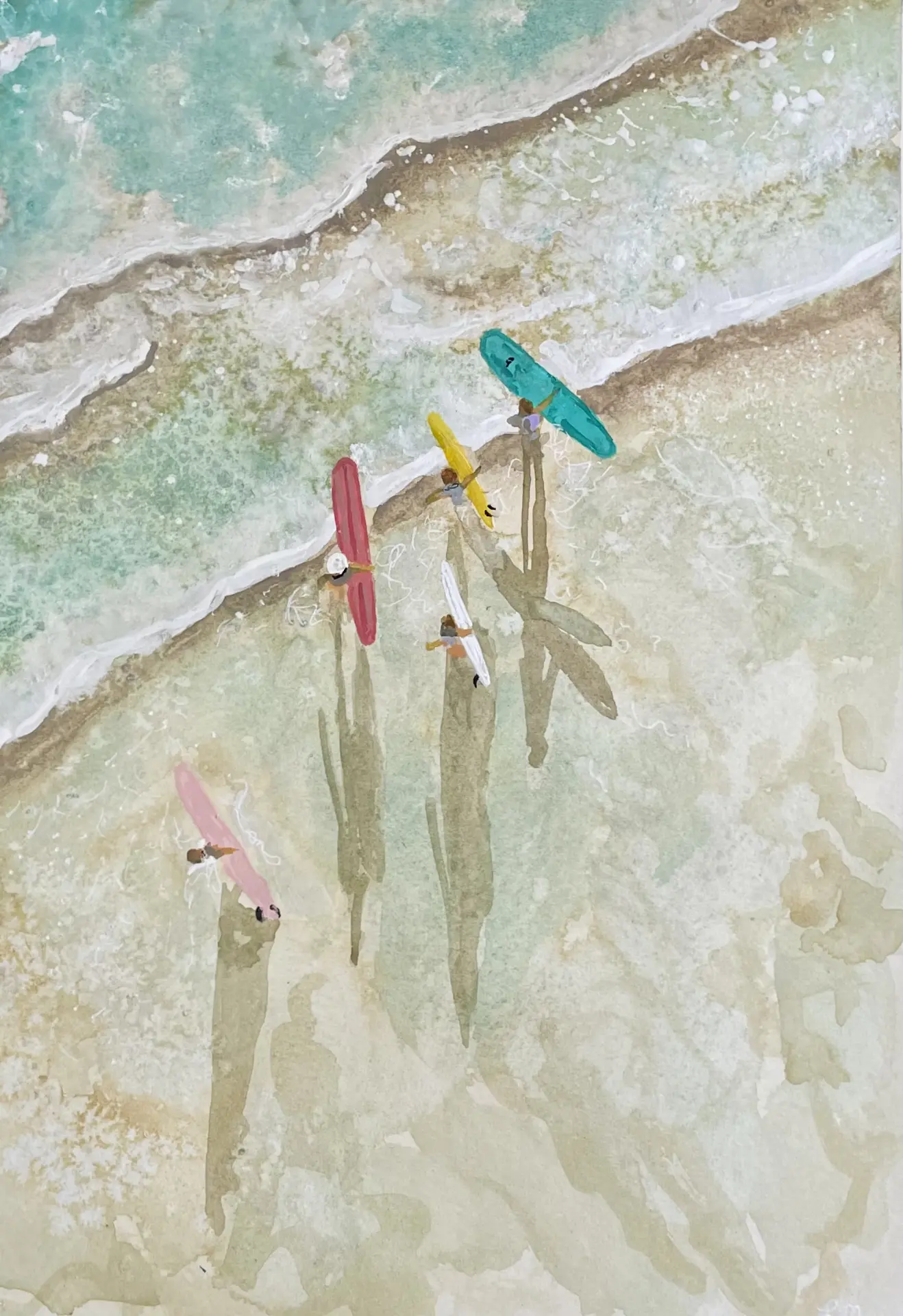 Before the Break watercolor of surfers walking on wet sand