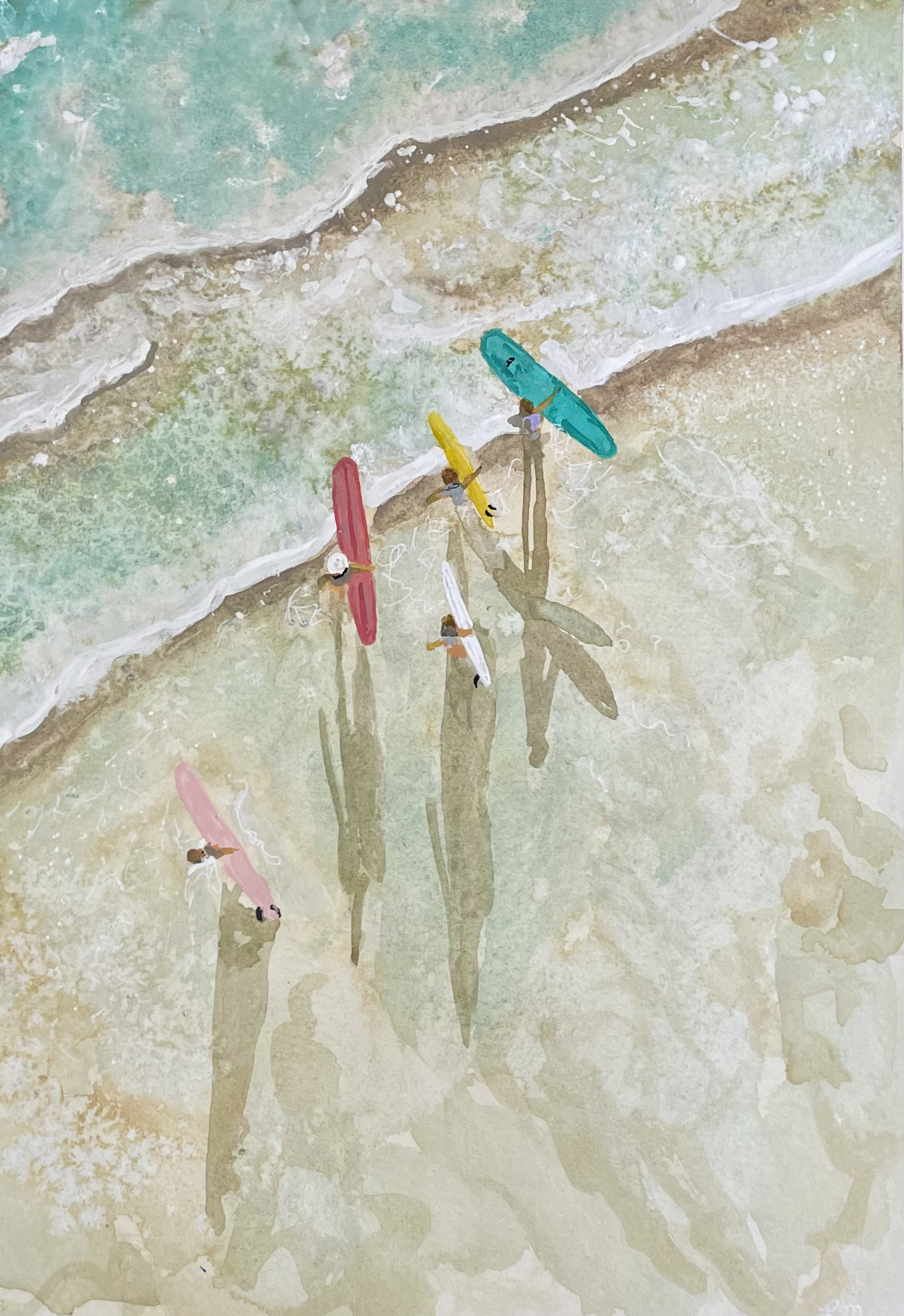 Close-up detail of surfers and shadows on a sandy shoreline watercolor