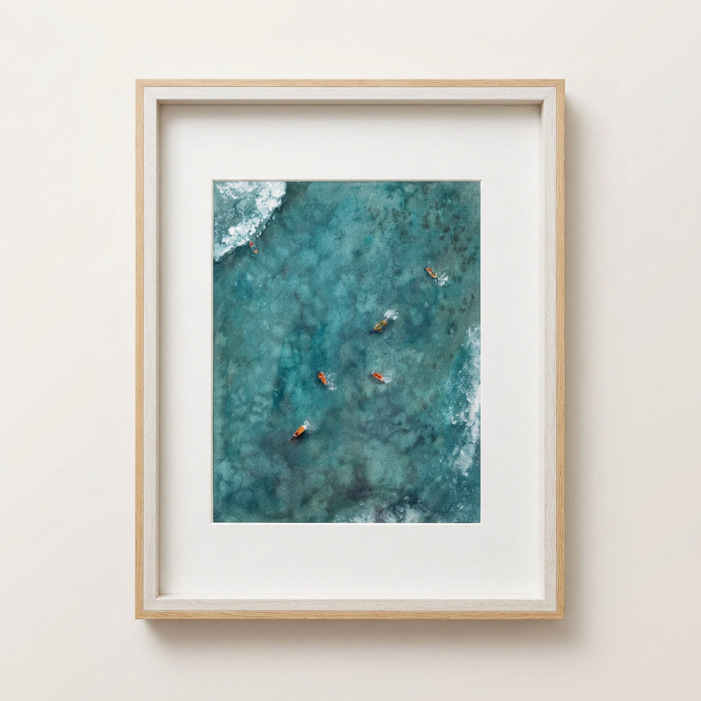 Framed aerial watercolor of surfers waiting in teal green water