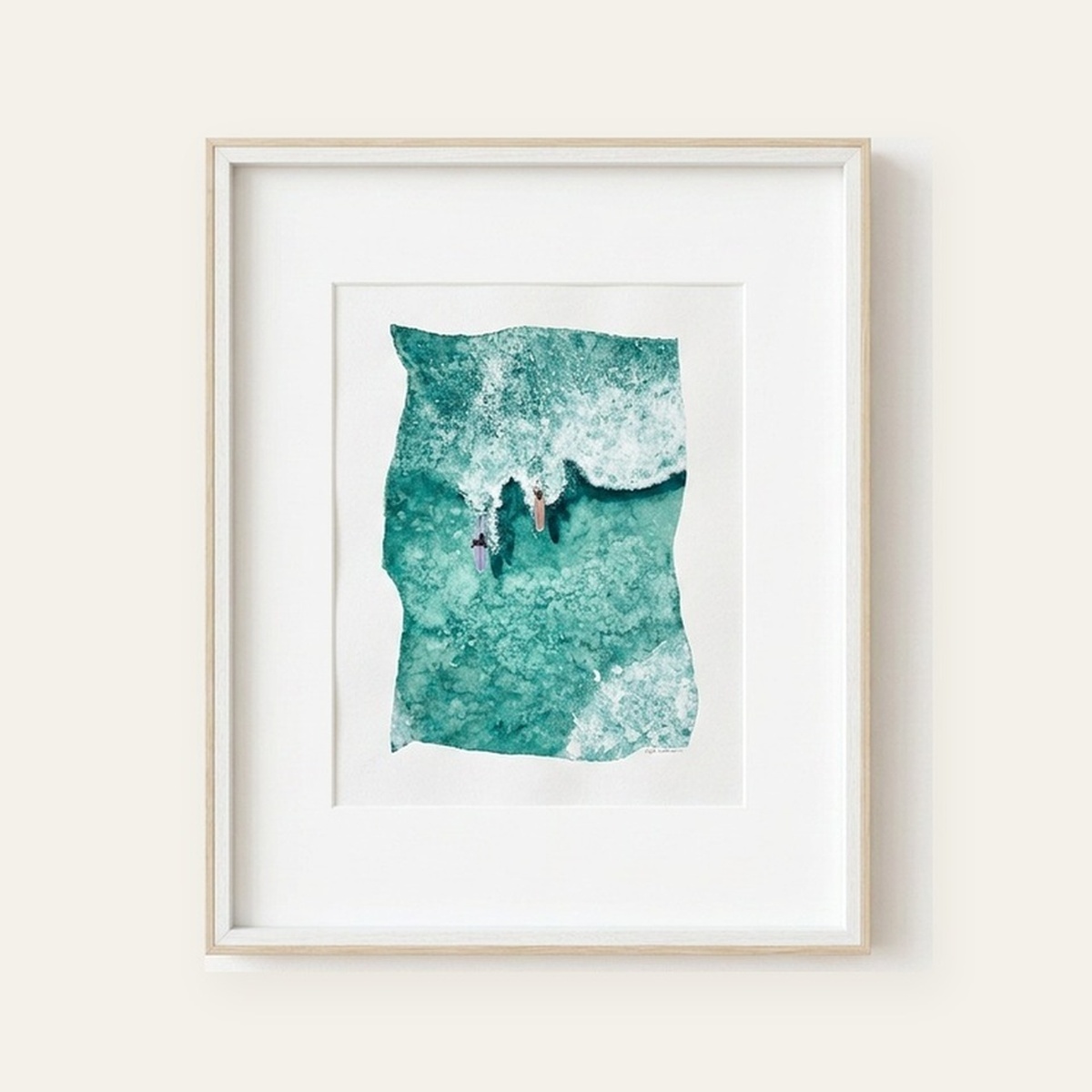 Close-up watercolor of two surfers beneath a frothy sea-green wave