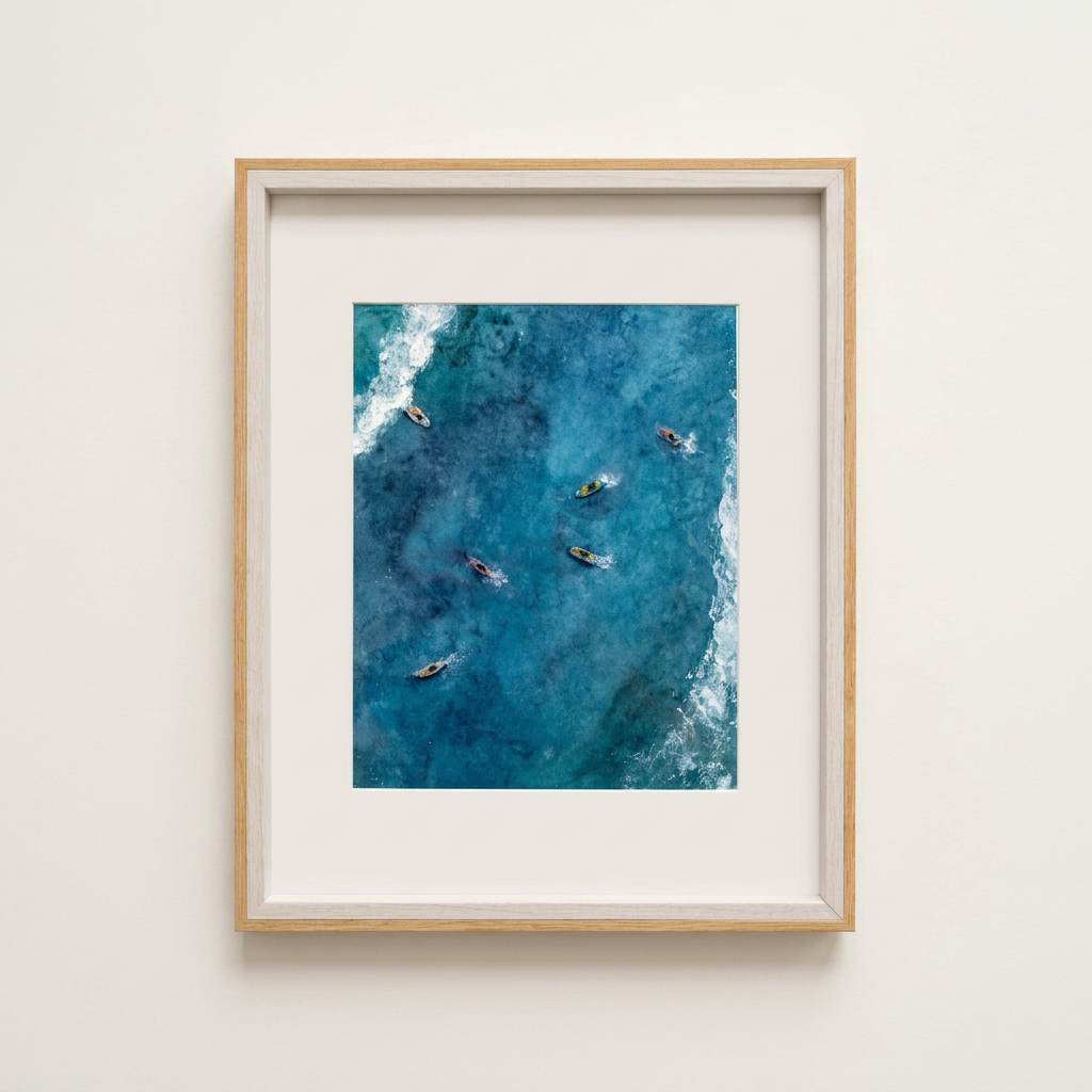 Framed aerial watercolor of surfers scattered across deep blue water
