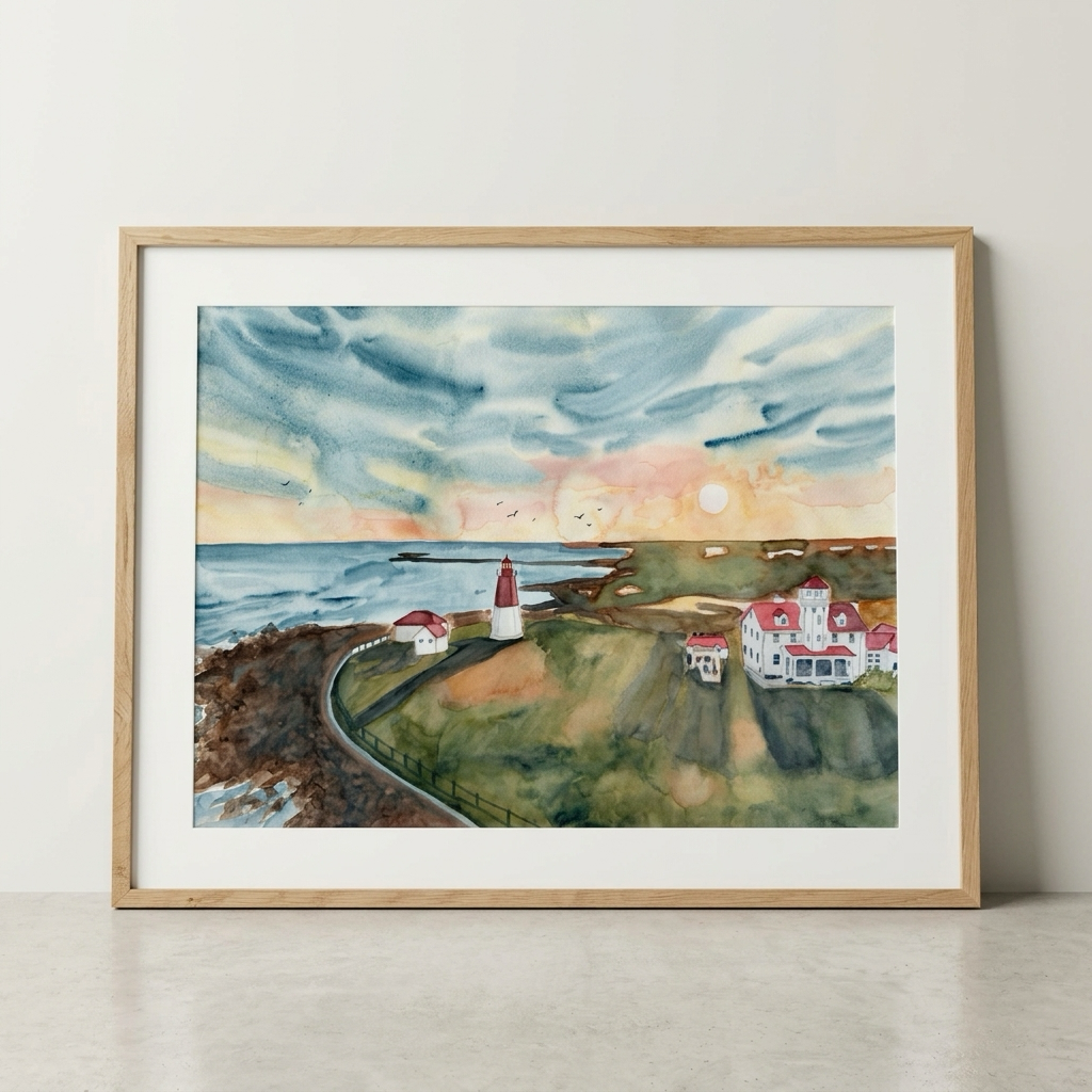 Matted watercolor of Point Judith lighthouse and coastal buildings at golden hour