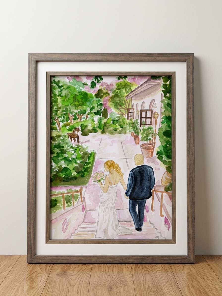 Framed watercolor of a newly married couple walking through a lush garden
