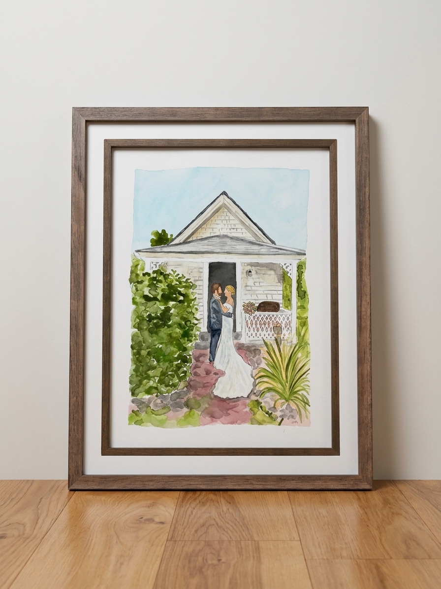 Framed watercolor portrait of a newly married couple at a garden cottage