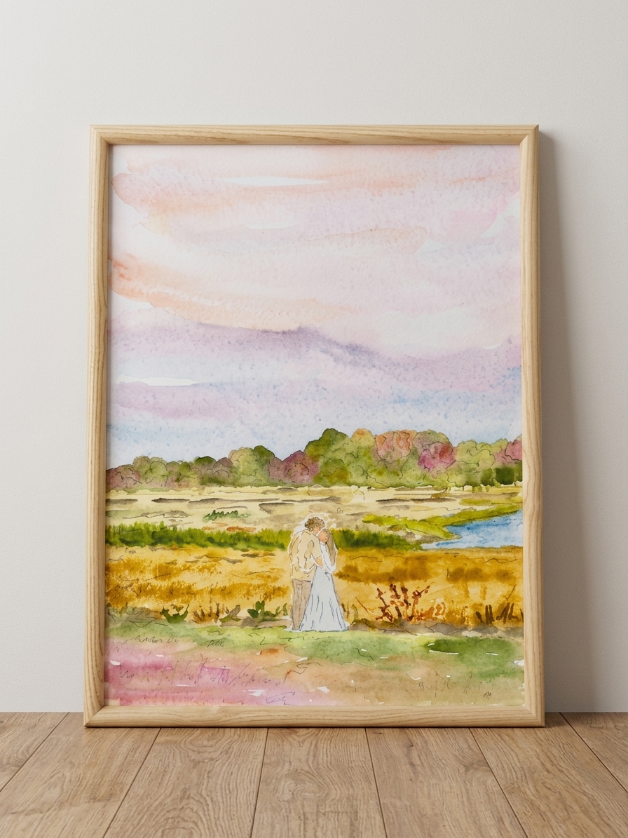 Framed watercolor of a newly married couple embracing beside a colorful coastal marsh