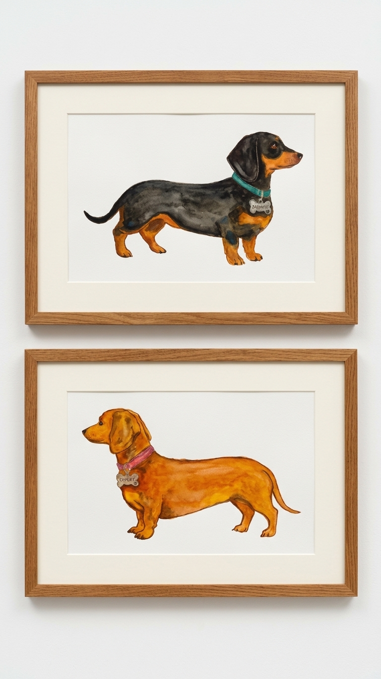 Two framed watercolor portraits of dachshunds hung one above the other