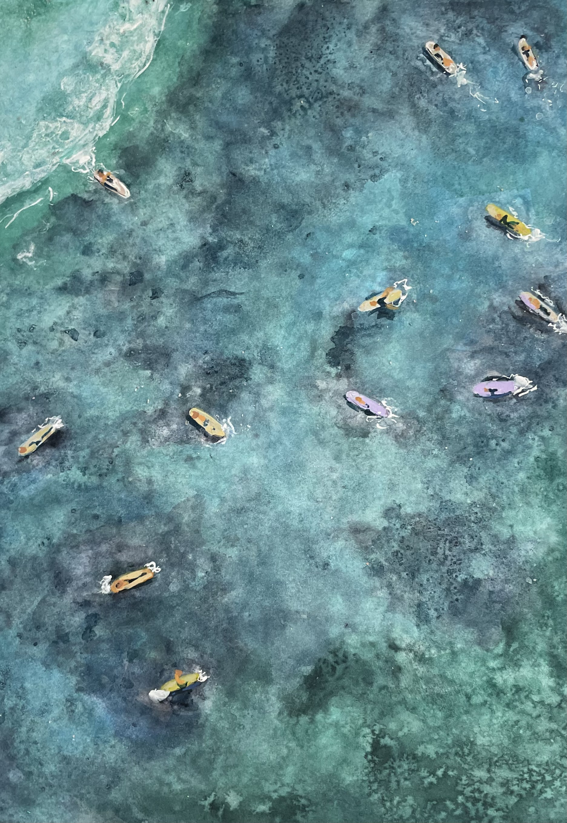 Close-up watercolor study of surfers floating in deep blue-green water