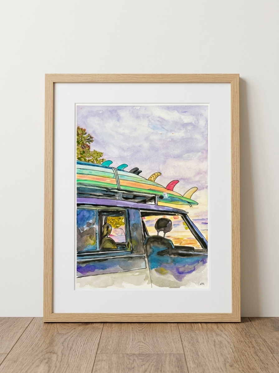 Framed watercolor of a van loaded with colorful surfboards parked by the beach at sunset