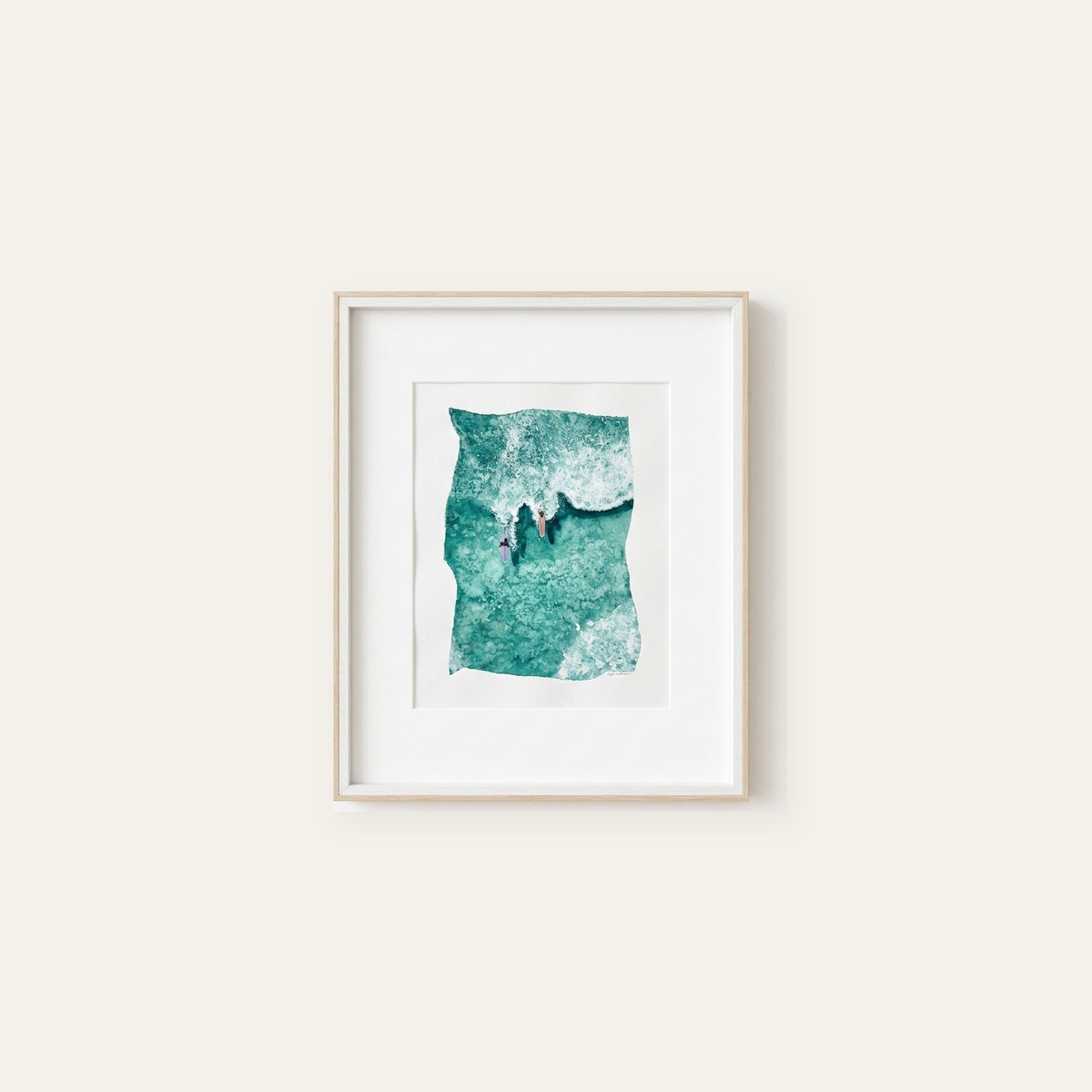 Close-up watercolor of two surfers beneath a frothy sea-green wave