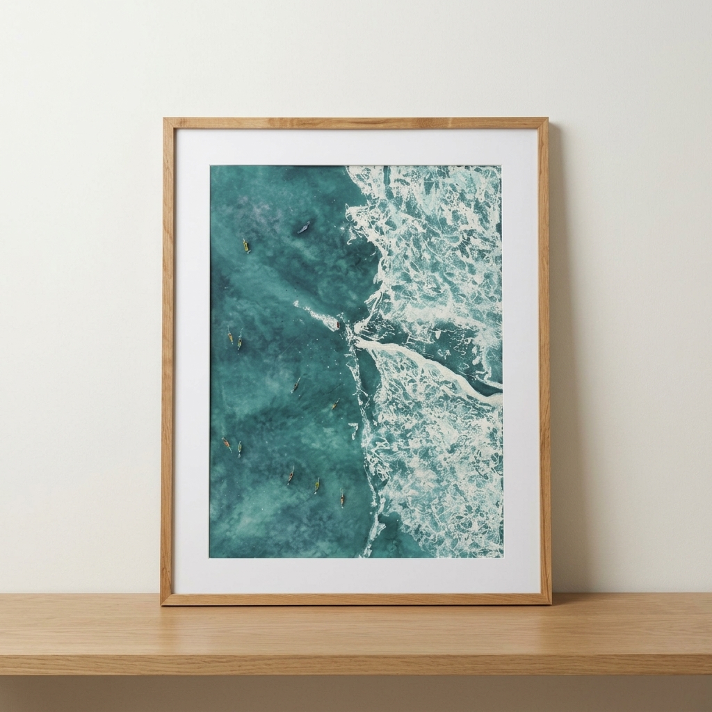 Framed aerial watercolor of surfers beside a breaking wave in deep green water