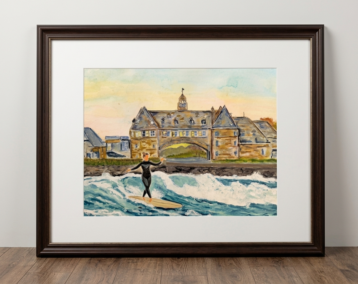 Framed watercolor of a surfer riding a wave in front of the Narragansett Towers at sunset