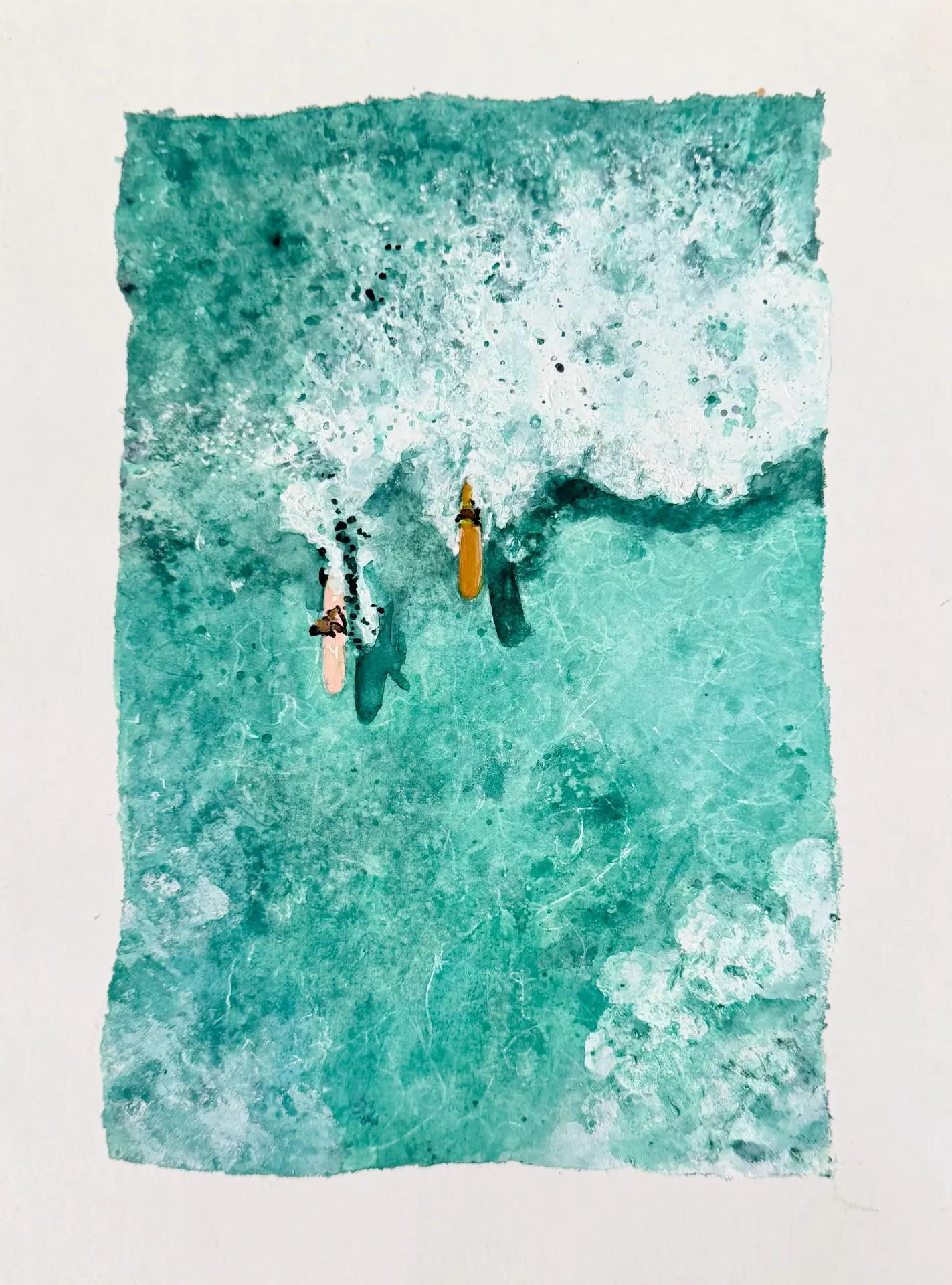 Above the Break watercolor of two surfers in turquoise water