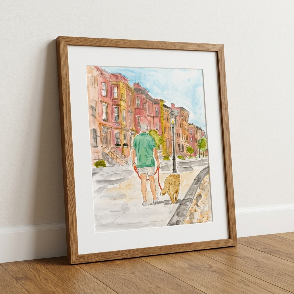 Framed watercolor of a person and dog walking along a colorful city street