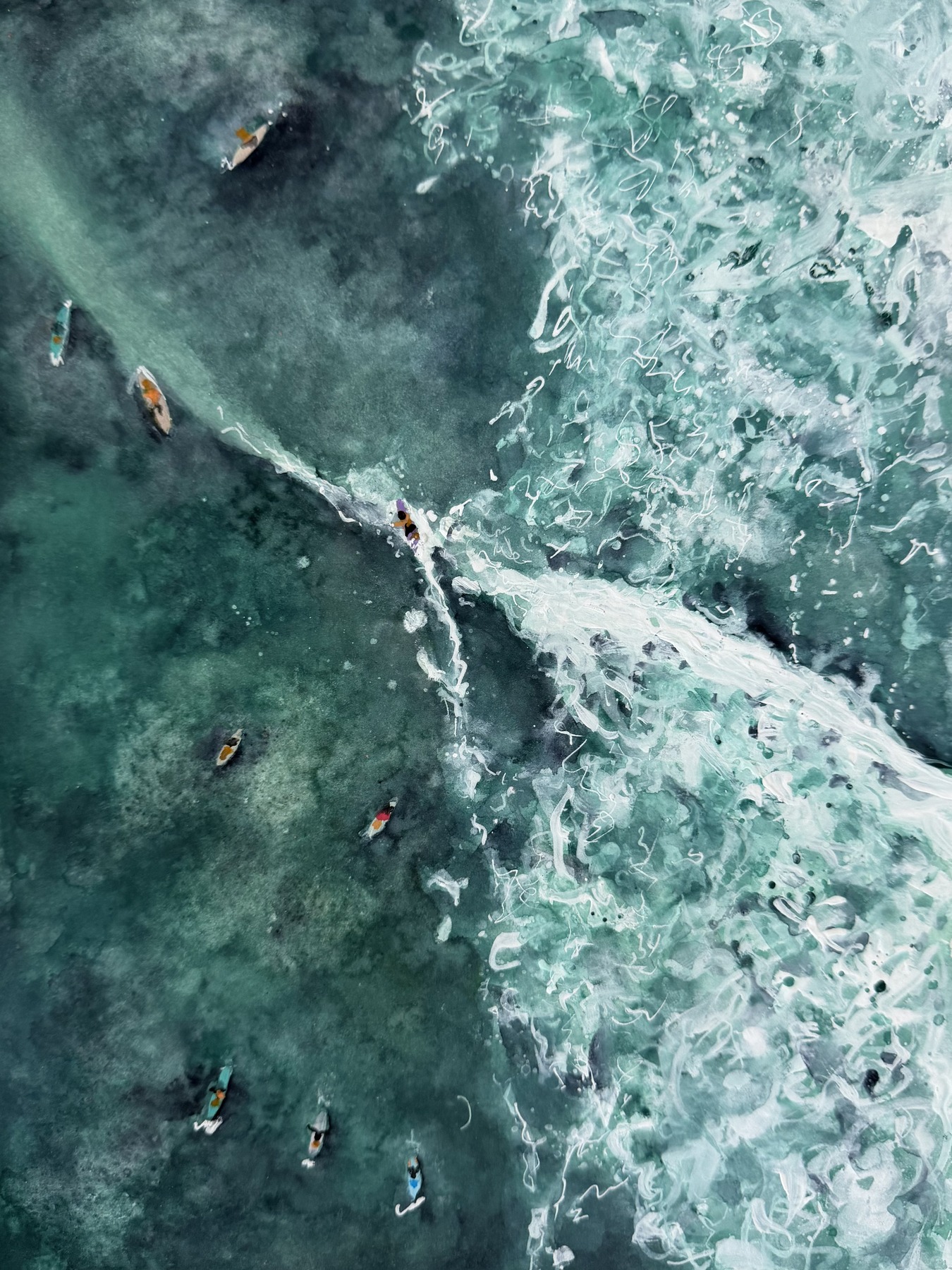 Aerial watercolor of surfers waiting in deep teal water beside a breaking wave