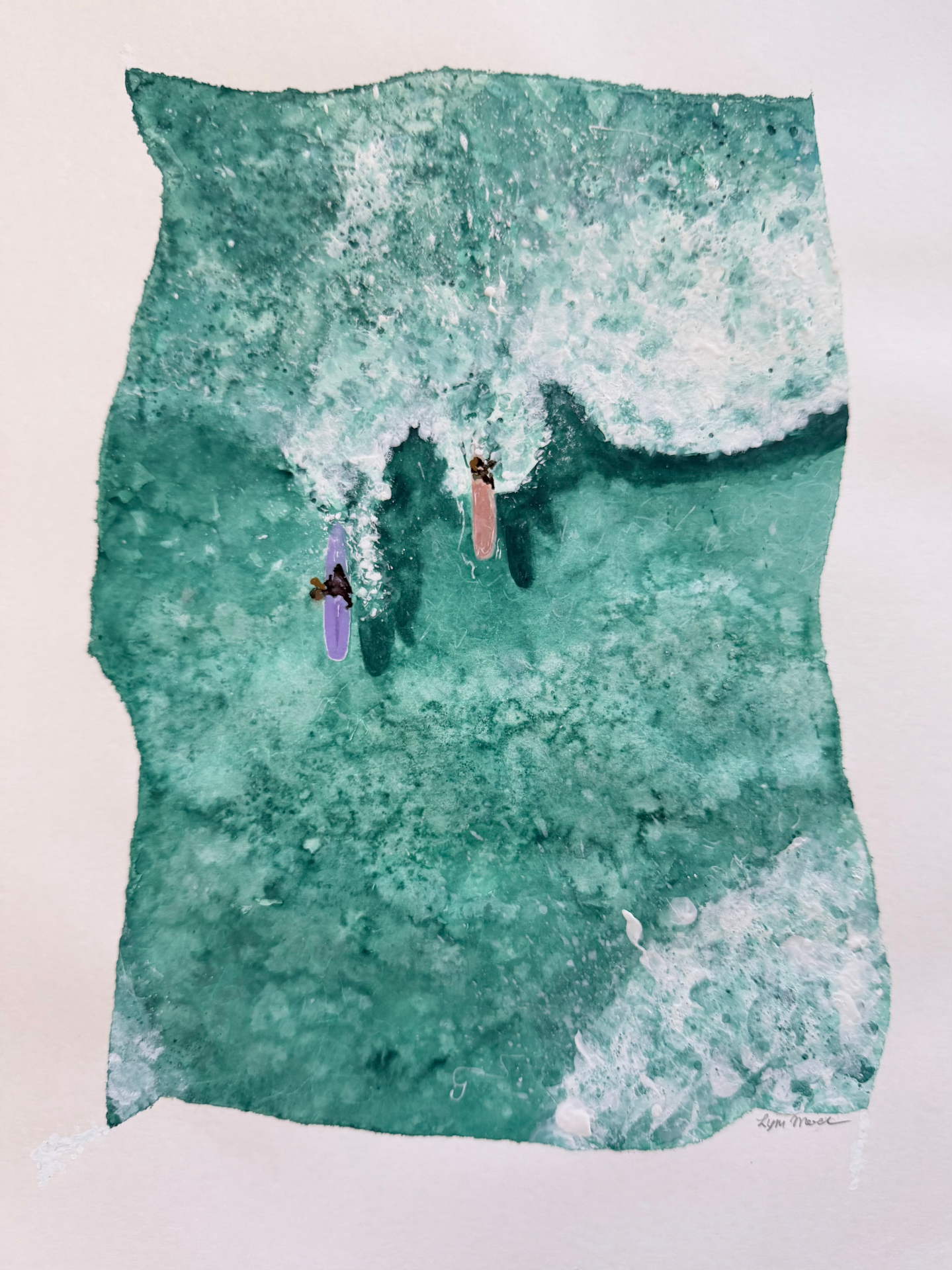 Close-up watercolor of two surfers beneath a frothy sea-green wave