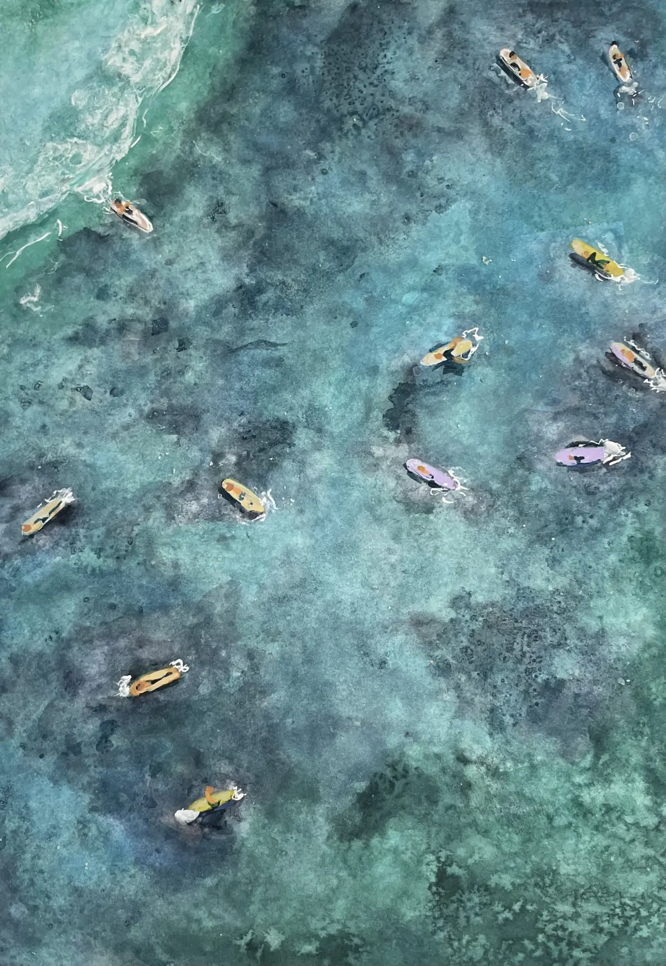 Party Wave OG watercolor of surfers scattered across deep green water
