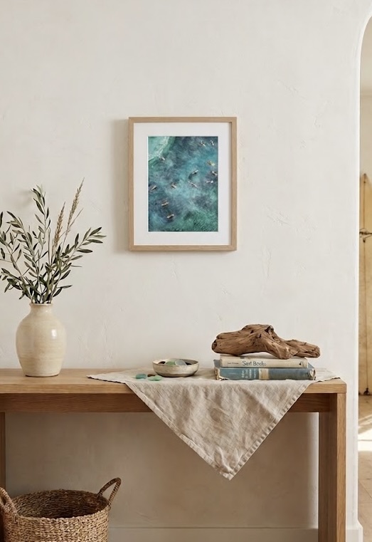 Framed aerial watercolor of surfers in turquoise water, hung above a console with olive branches and driftwood